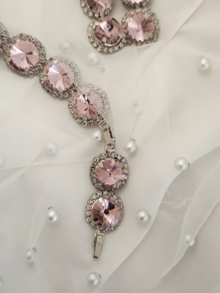 Riviere Kristal Taşlı Çiçek Model Pembe Renkli Kolye Küpe Set - 1864