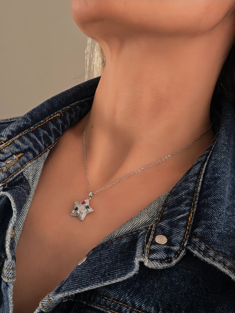 Yıldız Model Renkli Zirkon Taşlı Silver Renk Kolye- 1419