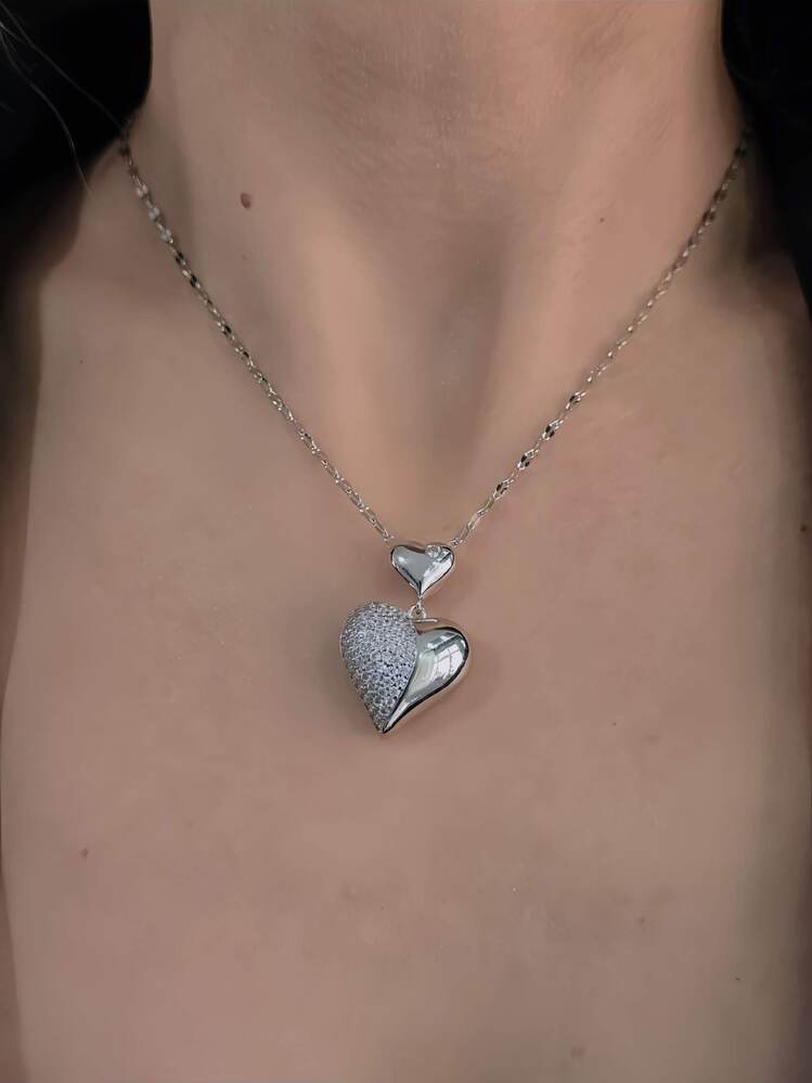 Bombeli Kalp Zirkon Taşlı Silver Renk Kolye- 1415