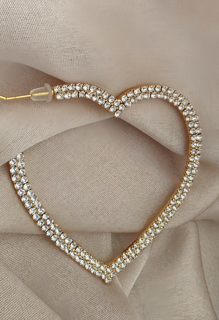 Büyük Kalp Model Beyoğlu Taşlı Abiye Gold Renk Küpe - 1736