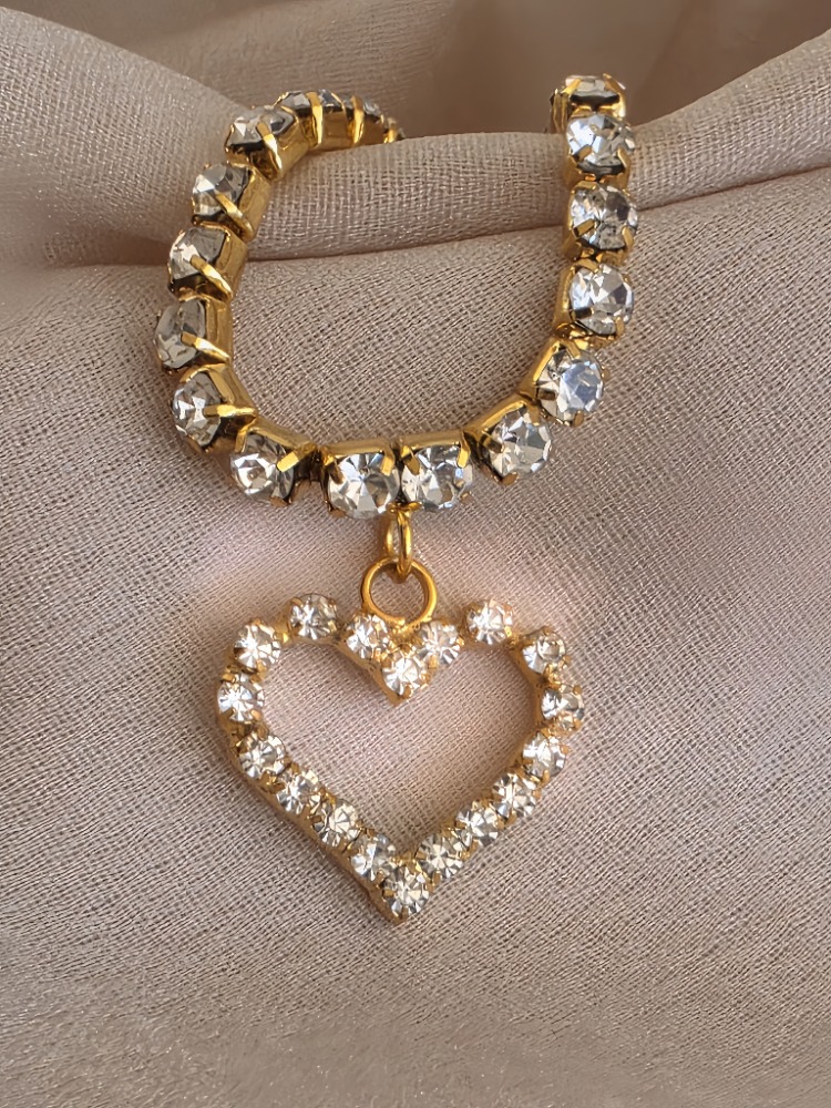 Tek Sıralı Kalp Figürlü Kristal Taşlı Choker Tasma Silver Gold Kolye - 1790