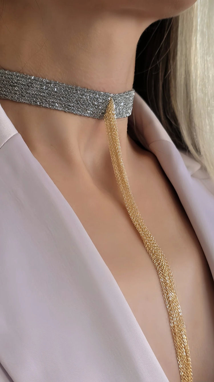 8 Sıralı Zincir Dokuma Sallantılı Vücut Tasma Choker Gümüş Gold Renk El Yapımı Kolye- 1709