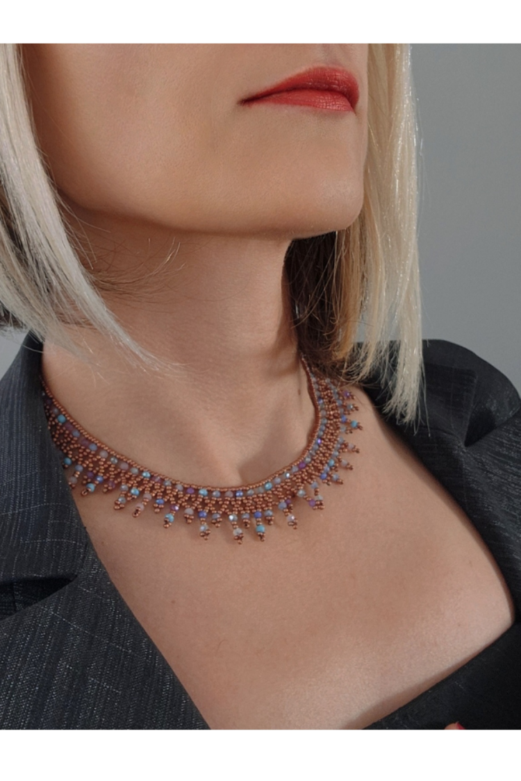 Etnik Bohem Gri Turkuaz Salkım Model Kum Kristal Boncuk Kolye El Yapımı - 1146