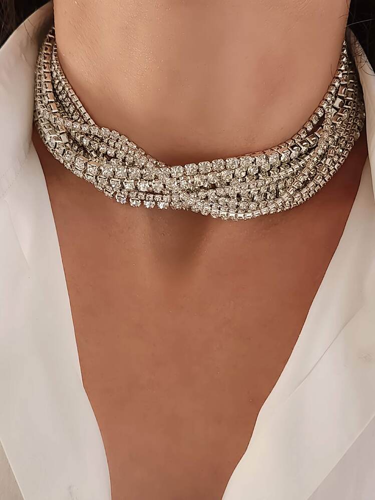 Gümüş Kaplama Taşlı Çoklu Görünümlü Choker Tasma Kolye - 1363