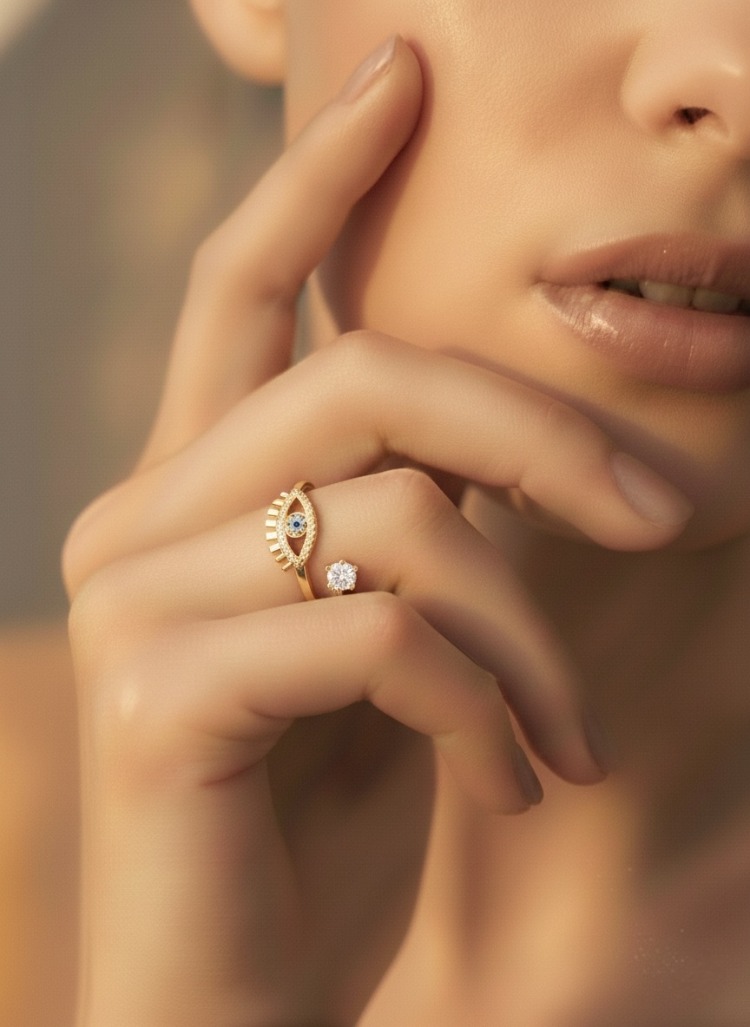 Ayarlanabilir Nazar Model Zirkon Taşlı Gold Renk Çelik Yüzük - 1766