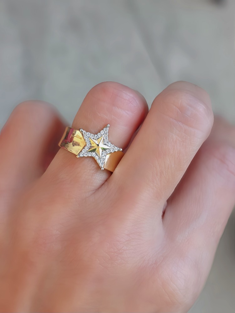 Ayarlanabilir Yıldız Model Zirkon Taşlı Gold Renk Çelik Yüzük - 1771