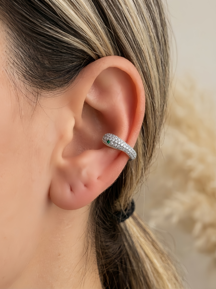 Minimal Yılan Model Zirkon Taşlı Kıkırdak Cuff Gümüş Renk Küpe- 1820