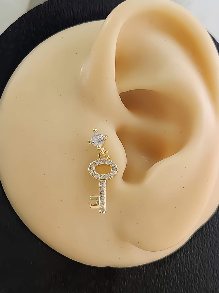 Kilit Anahtar Model Kıkırdak Piercing Tragus Helix Altın Gold Renk Küpe - 1298