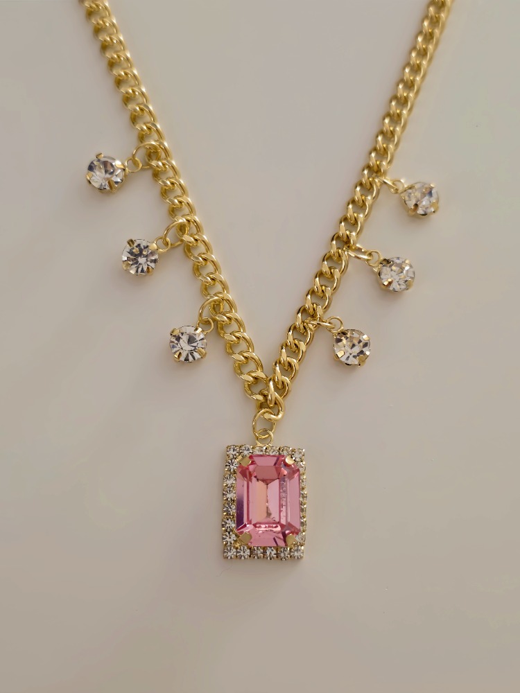 Baget Model Zirkon Taşlı Gold Pembe Renkli Çelik Kolye - 1859