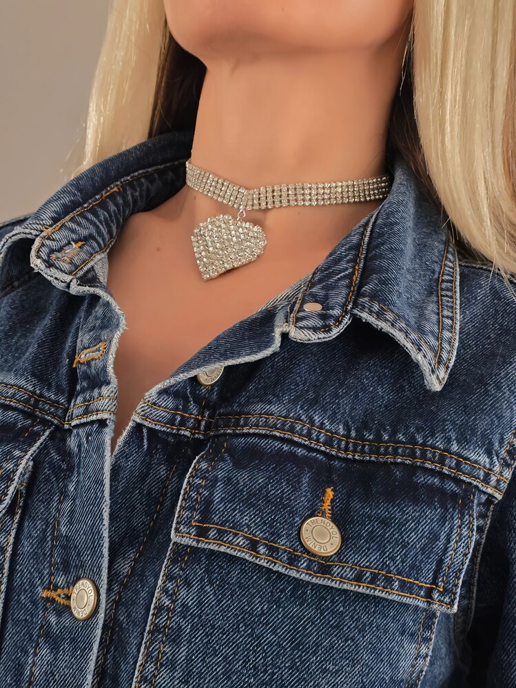 Sallantılı Kalp Model Rhinestone Choker Tasma Model Gümüş Renk Kolye- 1390