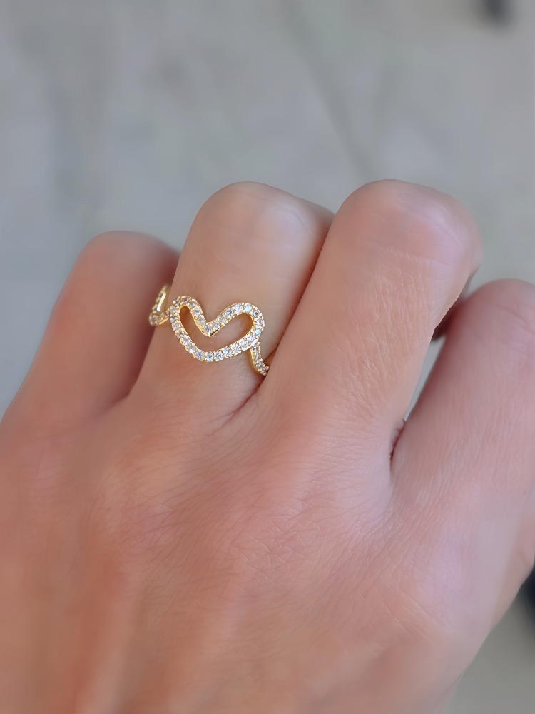 Ayarlanabilir Dalgalı Wavy Kalp Model Zirkon Taşlı Gold Renk Çelik Yüzük- 1764