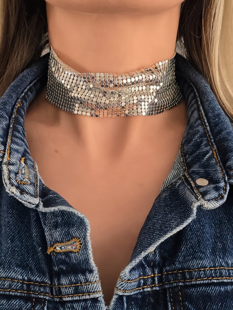 Arpa Pul Payet Zırh Metal Geniş Model Gümüş Choker Kolye - 1393