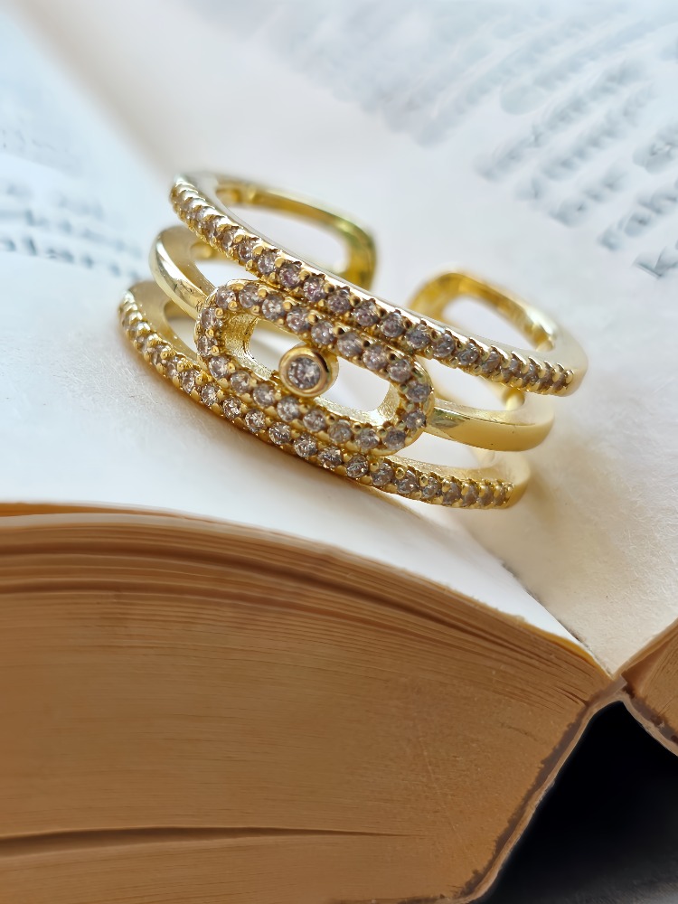 Ayarlanabilir Mess Model Zirkon Taşlı Gold Renk Çelik Yüzük - 1762