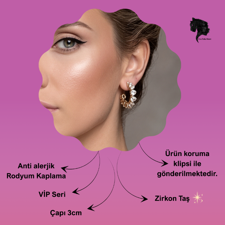 Kalp Zirkon Taşlı Antialerjik VİP Halka Gold Renk Küpe Antialerjik - 1815