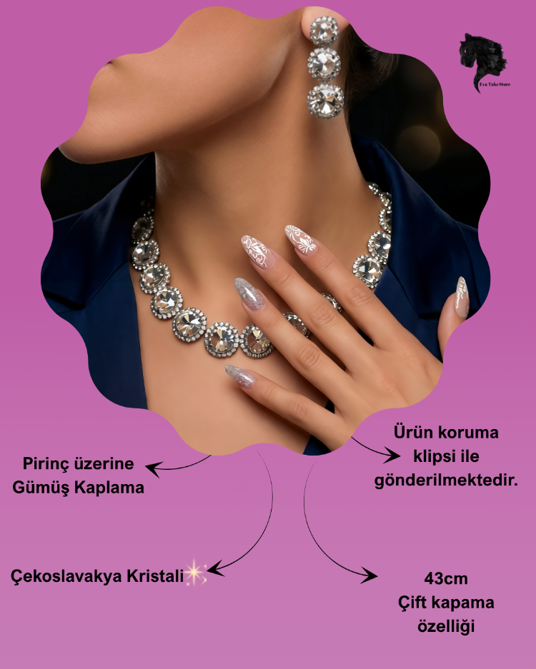 Riviere Kristal Taşlı Çiçek Model Şeffaf Renkli Kolye Küpe Set - 1866