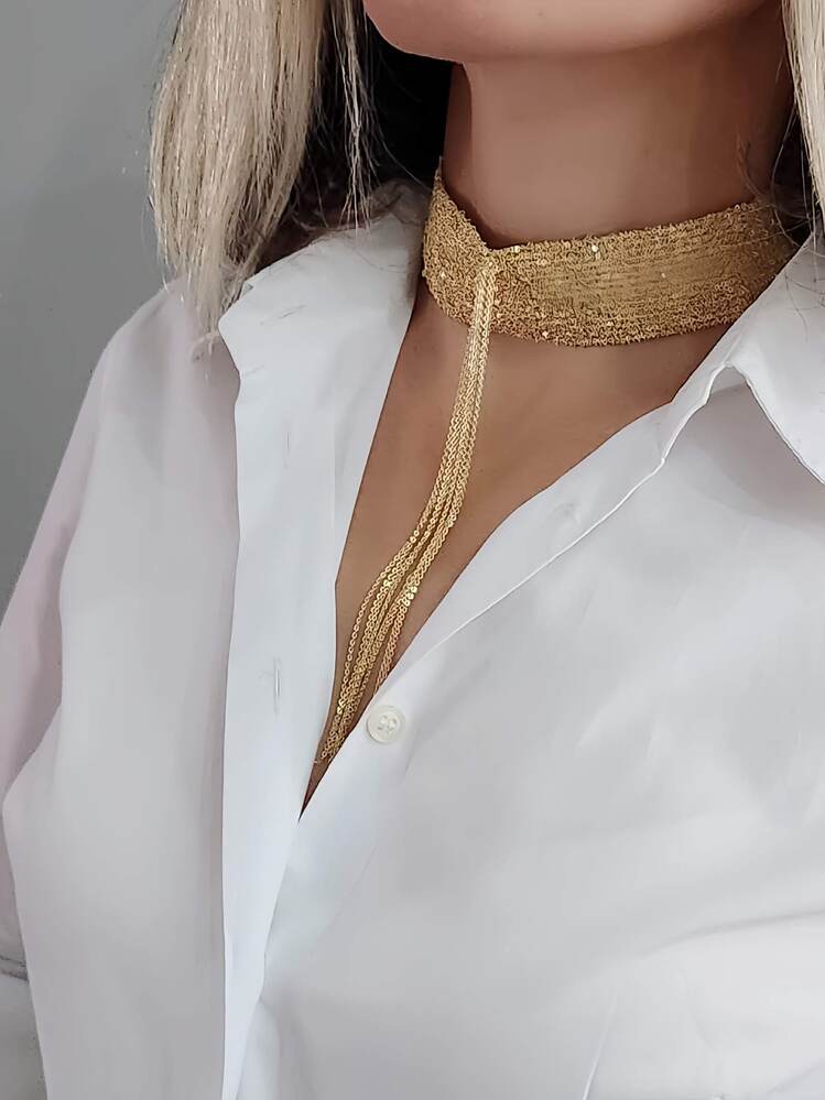 15 Sıralı Zincir Dokuma Sallantılı Vücut Tasma Choker Gold El Yapımı Kolye - 1341