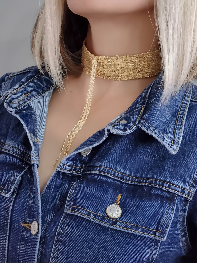 15 Sıralı Zincir Dokuma Sallantılı Vücut Tasma Choker Gold El Yapımı Kolye - 1341