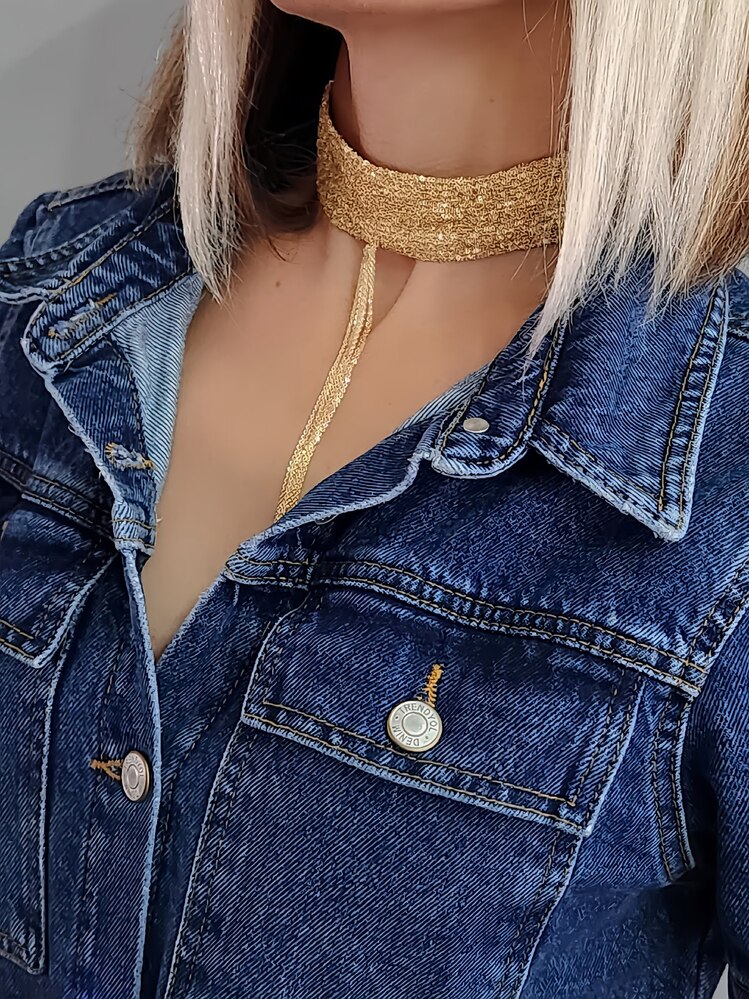 15 Sıralı Zincir Dokuma Sallantılı Vücut Tasma Choker Gold El Yapımı Kolye - 1341