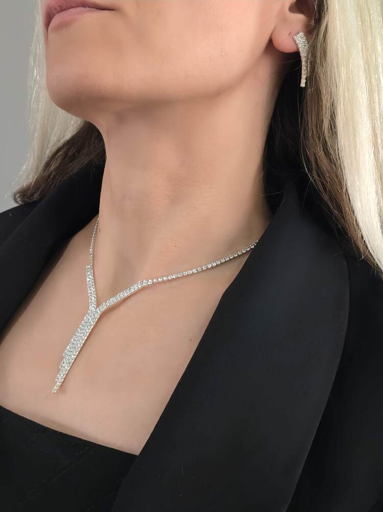 Kristal Taşlı Su Yolu Sarkıt Model Yılbaşı - Abiye - Düğün -Event Kolye Küpe Set - 1439
