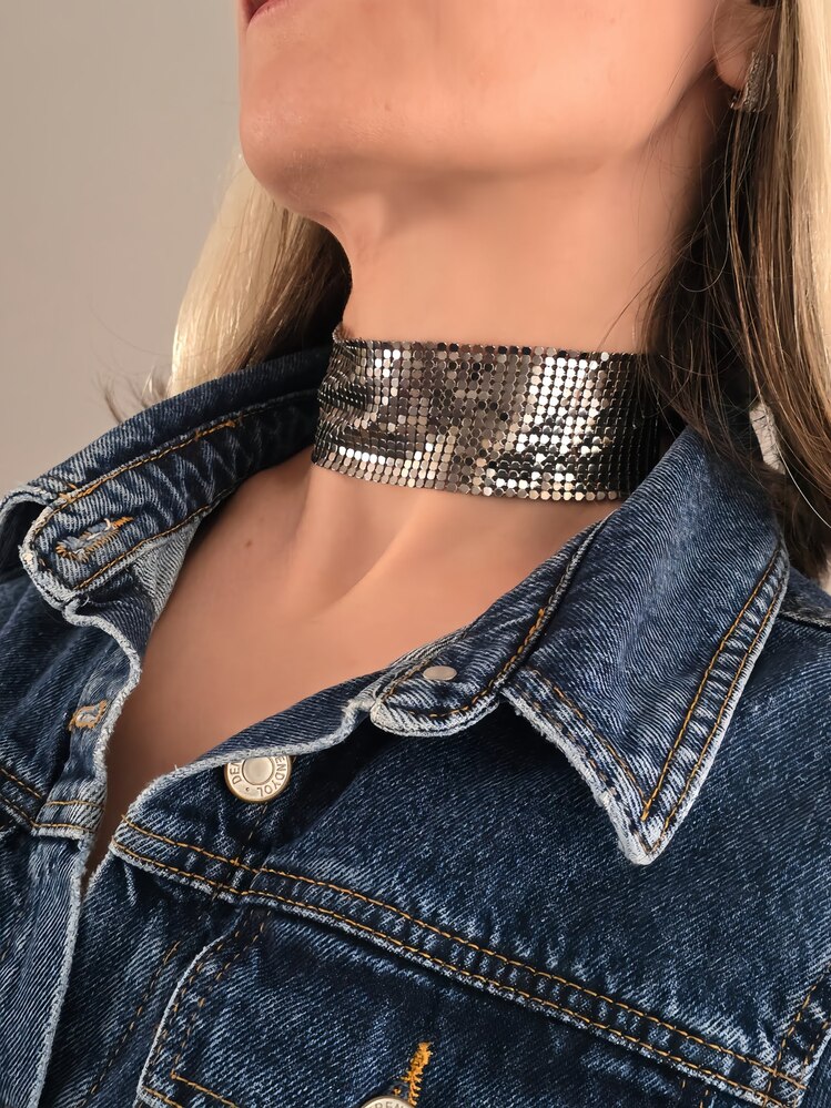 Arpa Pul Payet Zırh Metal Geniş Model Antrasit Choker Kolye - 1392