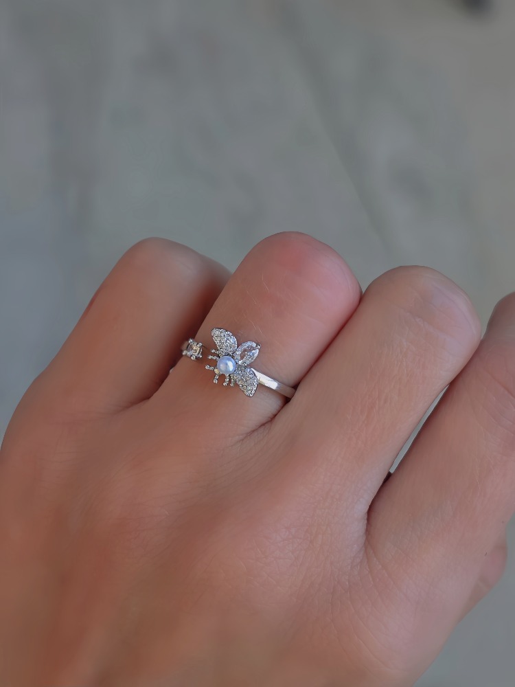 Ayarlanabilir Arı İnci Model Zirkon Taşlı Silver Renk Çelik Yüzük - 1759