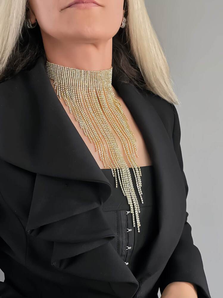 Kristal Taşlı Saçaklı Püskül Model Silver Renk Abiye Choker Tasma Kolye - 1401