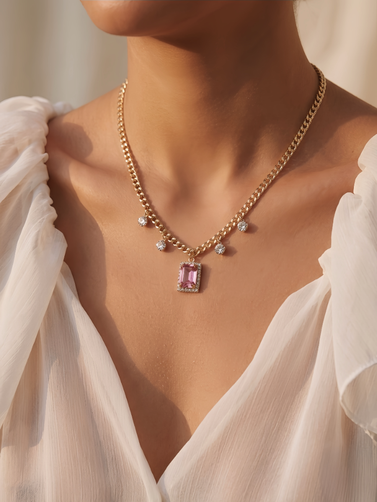 Baget Model Zirkon Taşlı Gold Pembe Renkli Çelik Kolye - 1859