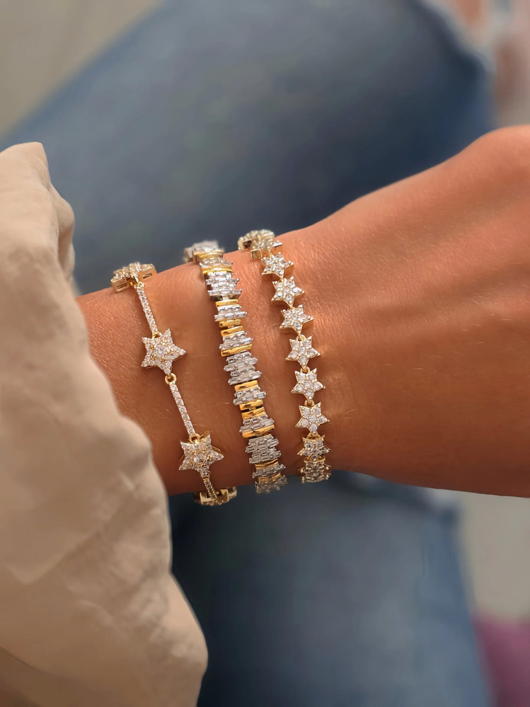 Vip Yıldız Zirkon Taşlı Çit Model 14k Altın Kaplama Çelik Bileklik - 1719