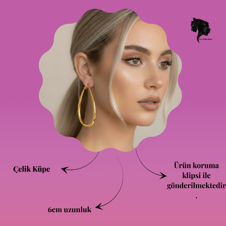 Damla Model Halka Gold Renk Çelik Küpe 6cm- 1773