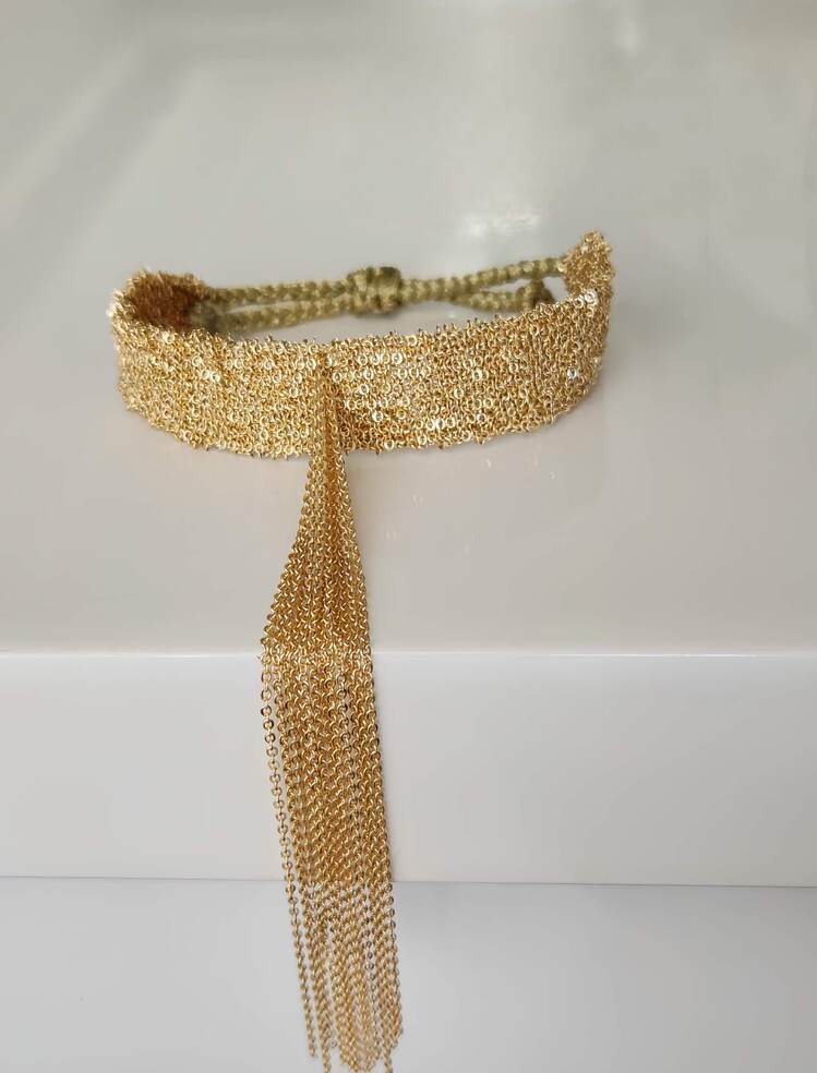 Kordon Çelik Zincir Örme 8 Sıralı Sallantılı El Yapımı Gold Renk Bohem Bileklik- 1558