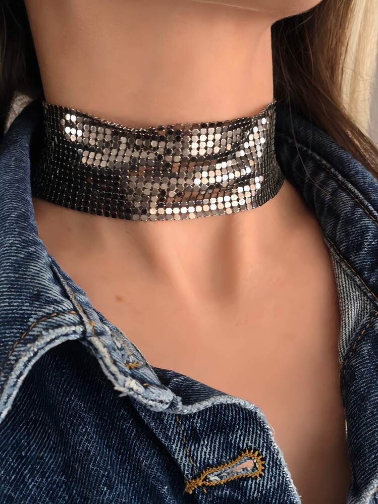 Arpa Pul Payet Zırh Metal Geniş Model Antrasit Choker Kolye - 1392