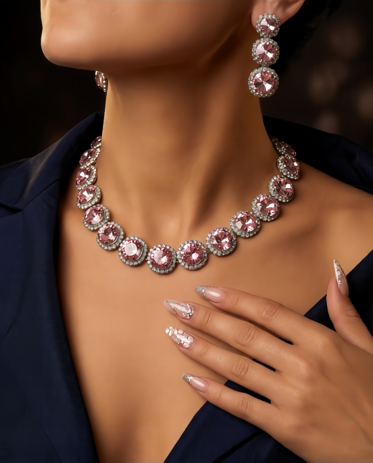 Riviere Kristal Taşlı Çiçek Model Pembe Renkli Kolye Küpe Set - 1864