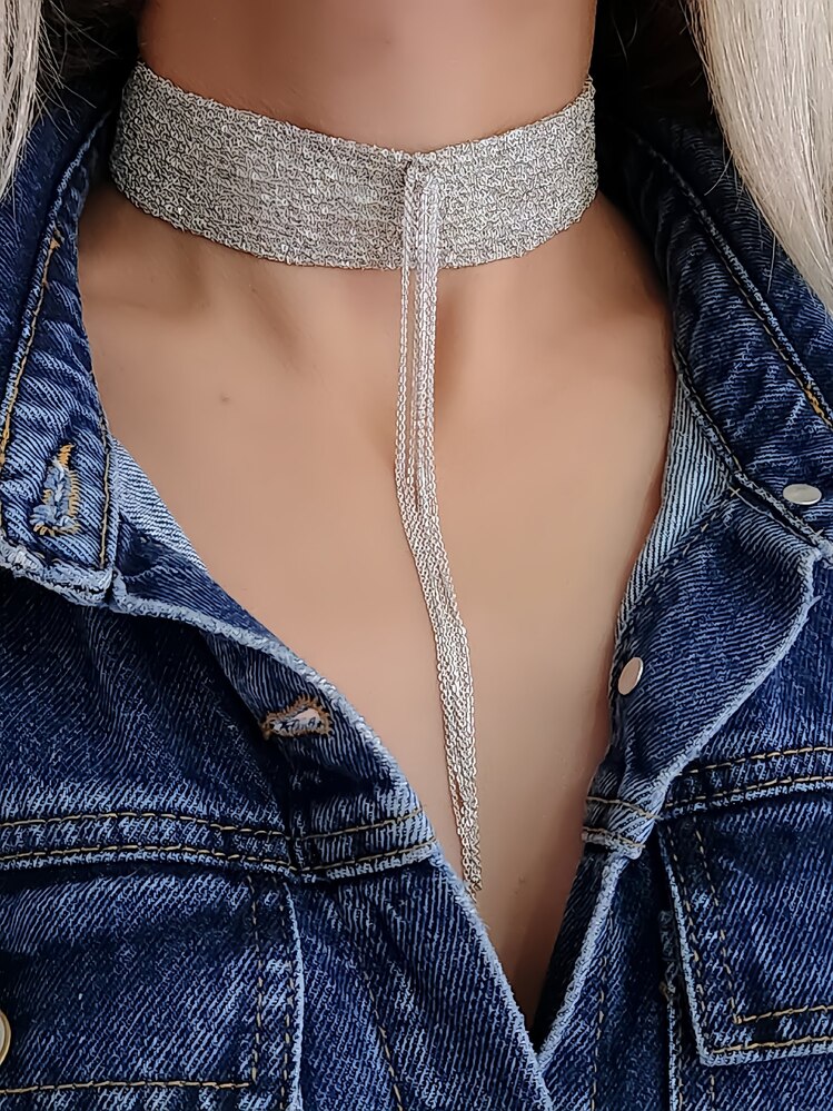 15 Sıralı Zincir Dokuma Sallantılı Vücut Tasma Choker El Yapımı Kolye - 1340