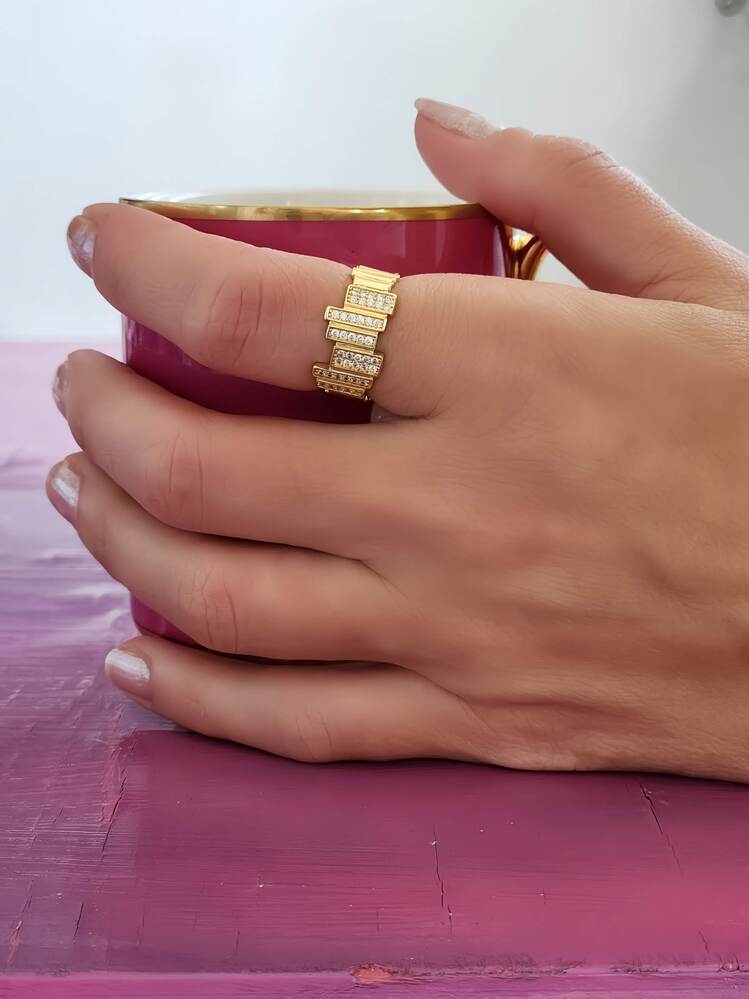 Zikzak Geometrik Model Sedefli Zirkon Taşlı Ayarlanabilir Gold Renk Çelik Yüzük - 1451