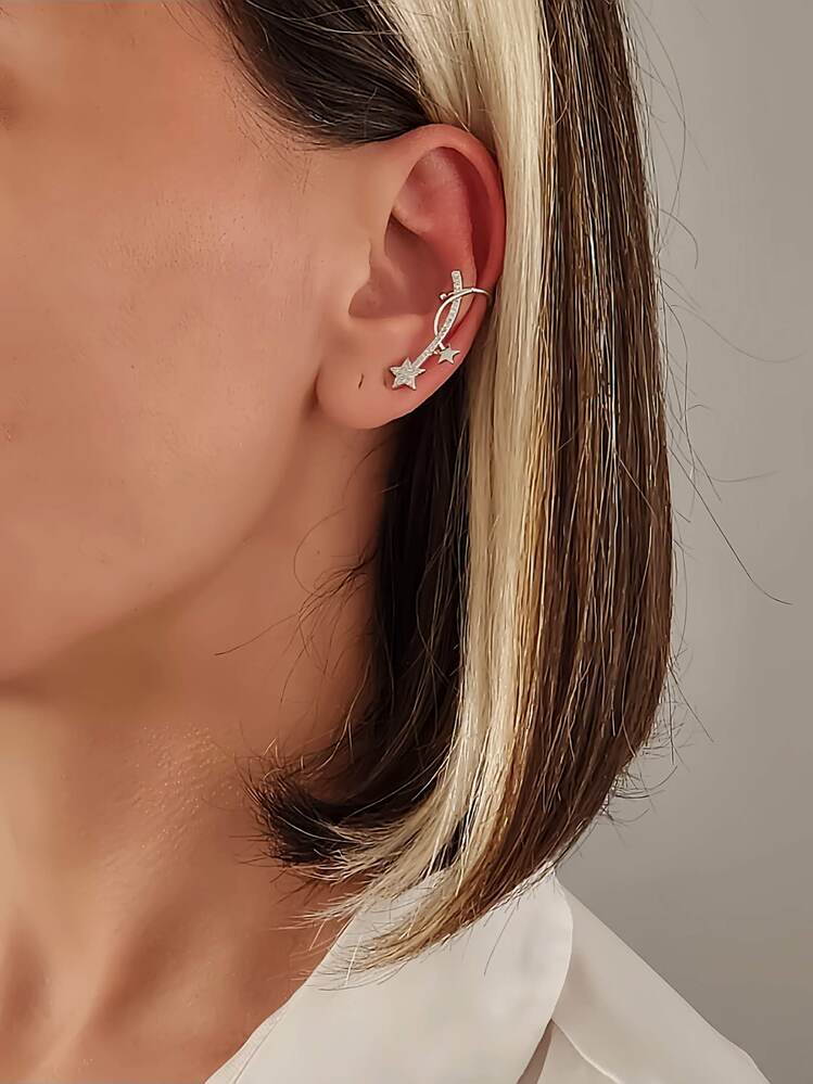 Yıldız Model Zirkon Taşlı Model Gümüş Renkli Kıkırdak Küpe Earcuff - 1329