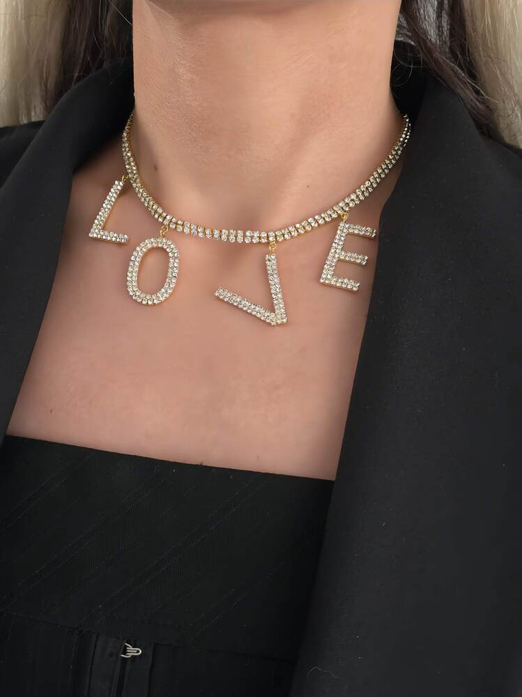Love Aşk Kristal Taşlı Party Style Altın Kaplama Gold Renk Kolye- 1387