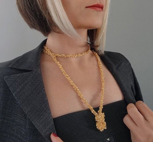 Top Zincir Modüler Örme Çelik Zincir Uzun Konsept Altın Kaplama Gold Renk Kolye - 1078
