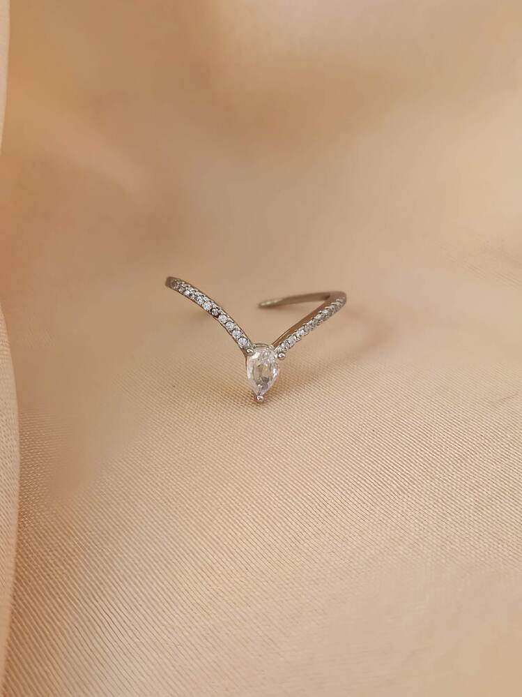 V Model Damla Zirkon Taşlı Ayarlanabilir Silver Gümüş Renkli Yüzük - 1648
