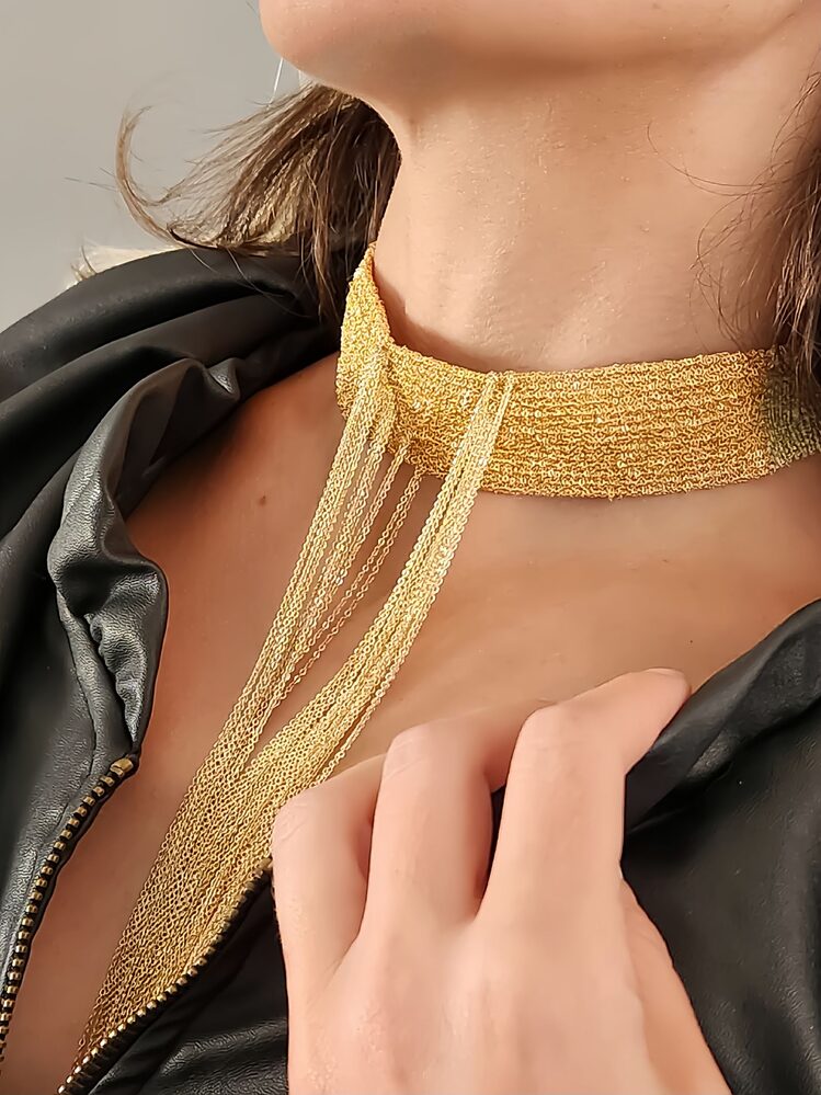 15 Sıralı Zincir V Model Dokuma Sallantılı Tasma Choker El Yapımı Altın Renk Kolye - 1383