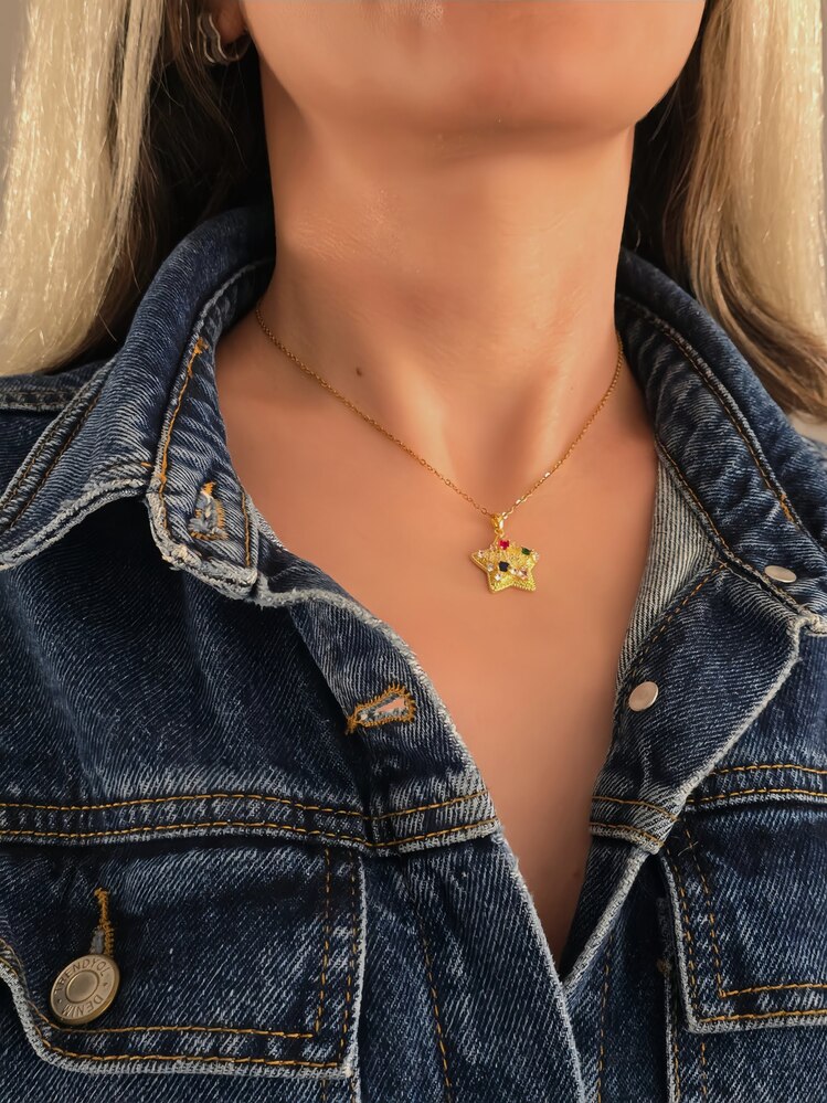 Yıldız Model Renkli Zirkon Taşlı Gold Renk Kolye - 1420