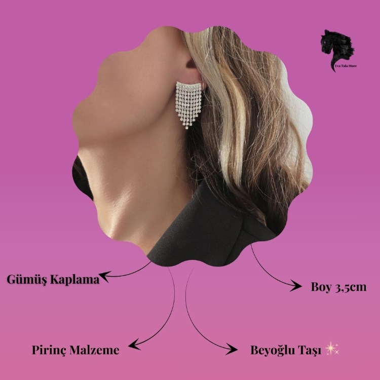 Sallantılı Minimal Beyoğlu Taşlı Gümüş Renk Küpe - 1739