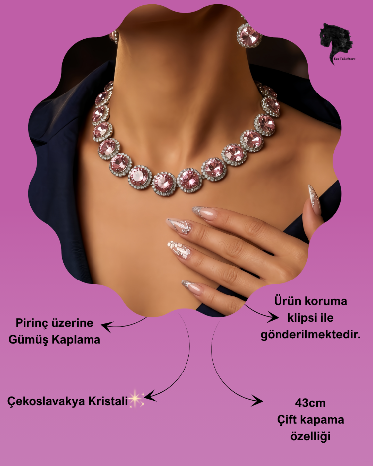 Riviere Kristal Taşlı Çiçek Model Pembe Renkli Kolye Küpe Set - 1864