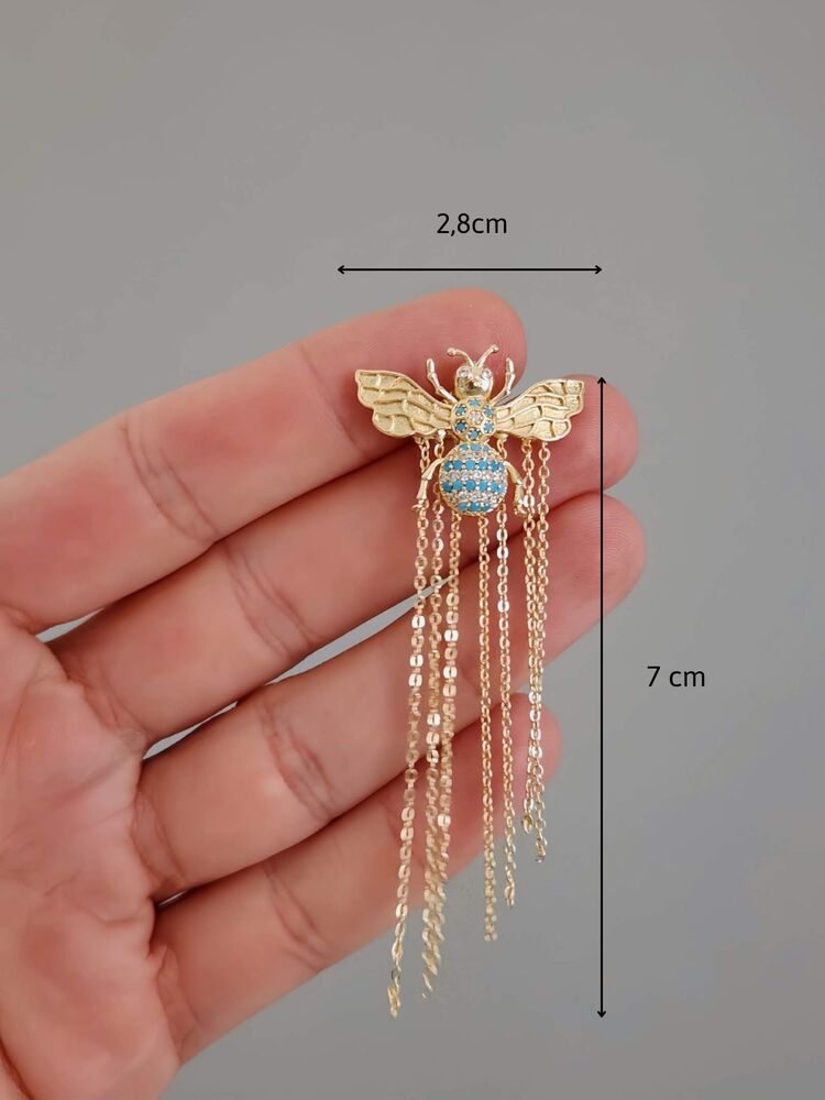Arı Model Turkuaz Zirkon Taşlı Kuyum İşçiliğinde Zincir Sallantılı Küpe - 1542