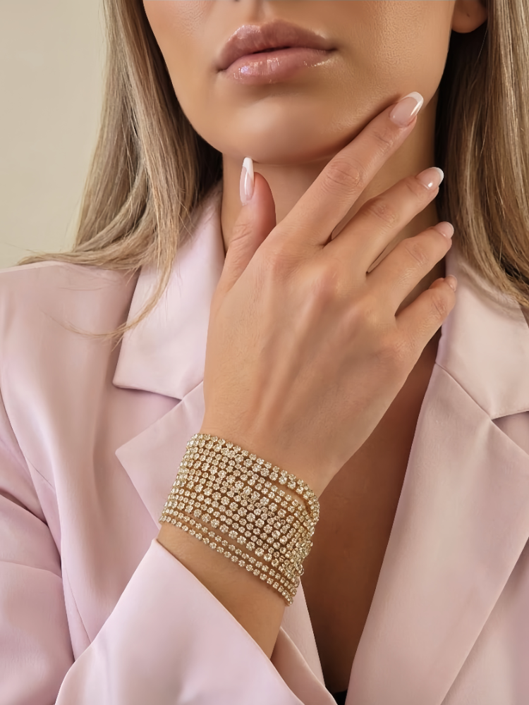 Çoklu Döküm Su Yolu Rhinestone Gold Renk Kristal Bileklik - 1828