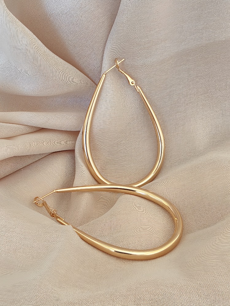 Damla Model Halka Gold Renk Çelik Küpe 6cm- 1773