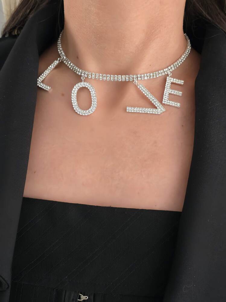 Love Aşk Kristal Taşlı Party Style Gümüş Renk Kolyee - 1386