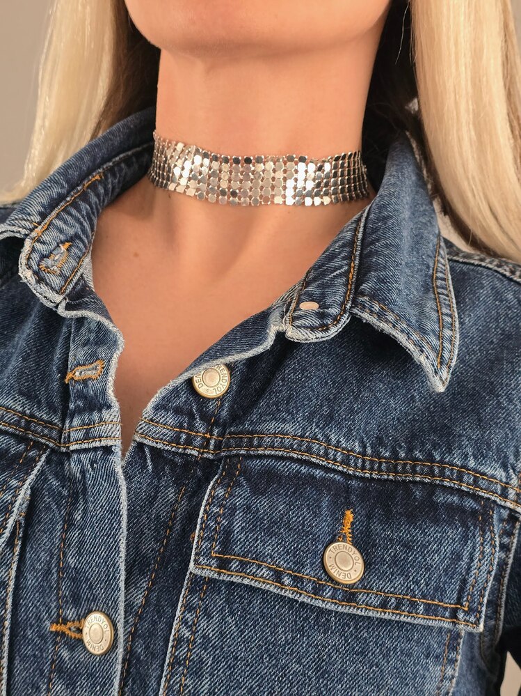 Arpa Pul Payet Zırh Metal Model Gümüş Choker Kolye - 1395
