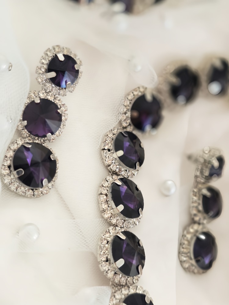 Riviere Kristal Taşlı Çiçek Model Mor Renkli Kolye Küpe Set- 1863