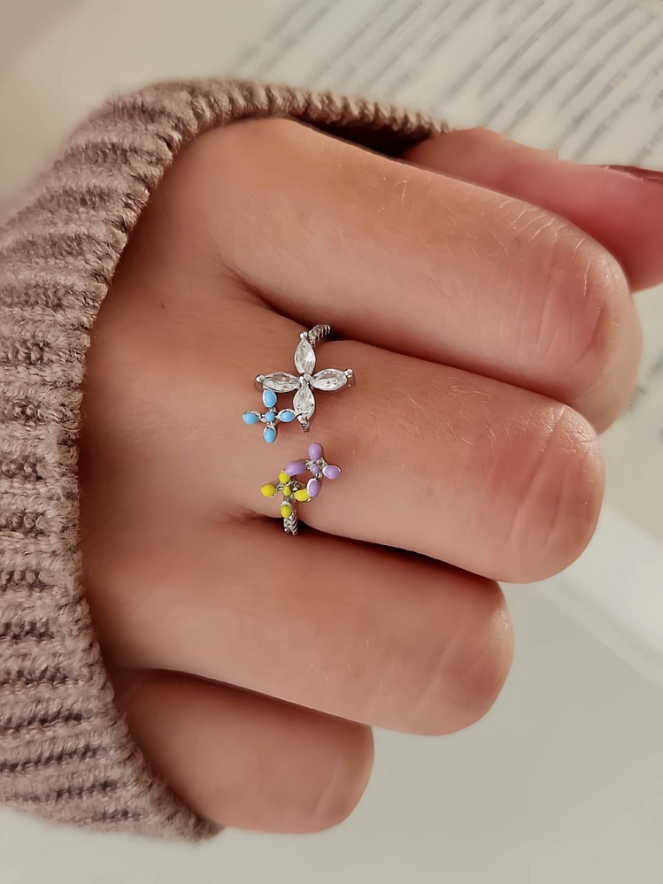 Çiçek Model Taşlı Mineli Gümüş Silver Renk Eklem Yüzük - 1306