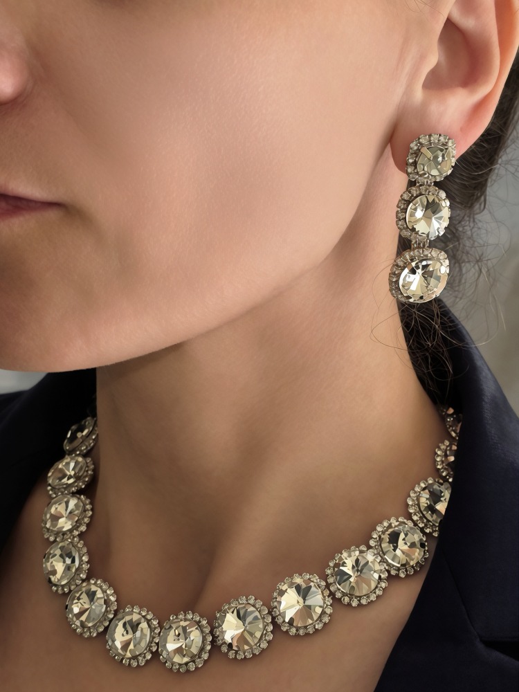 Riviere Kristal Taşlı Çiçek Model Şeffaf Renkli Kolye Küpe Set - 1866